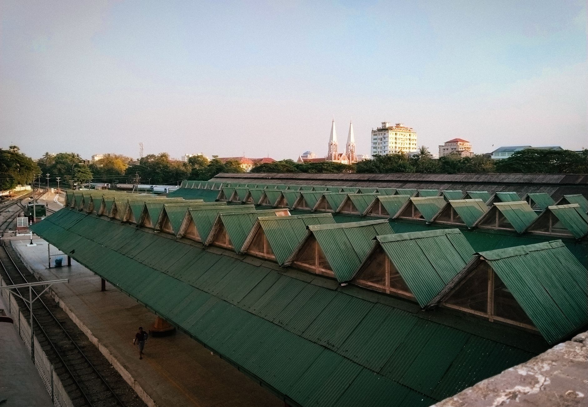Scenic view of green rooftops and cityscape at Yangon Railway Station, Myanmar.